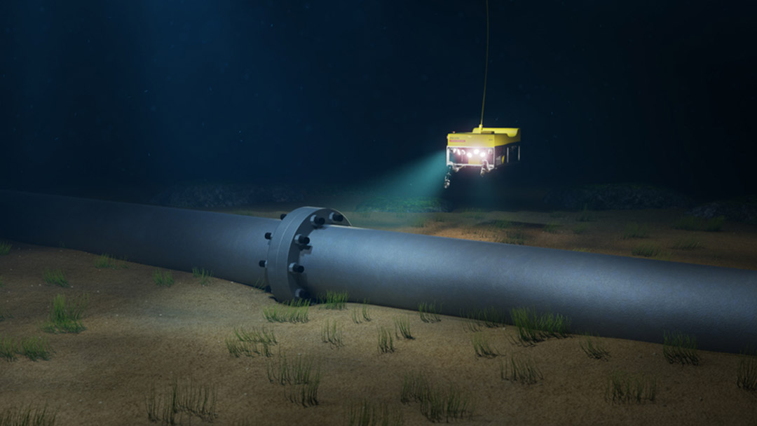 A visualization of underwater robotics used for pipeline inspection and maintenance